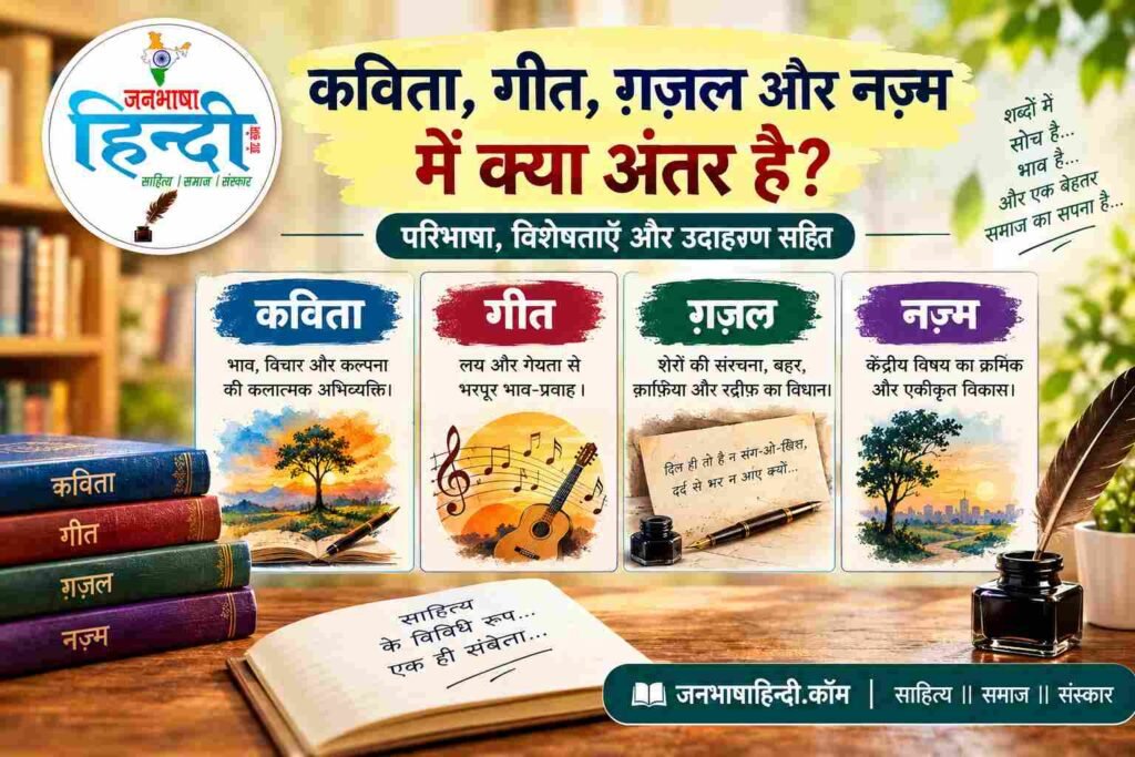 कविता, गीत, ग़ज़ल और नज़्म में अंतर