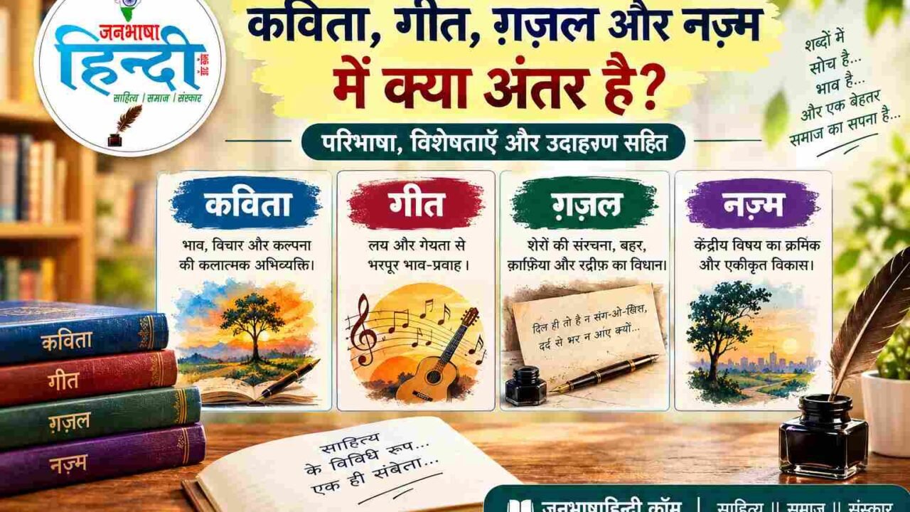 कविता, गीत, ग़ज़ल और नज़्म में अंतर